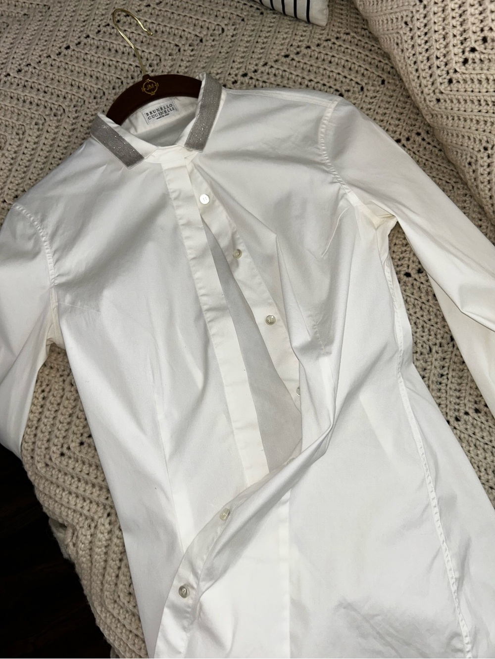 Brunello Cucinelli White Button-Down Shirt with Silver Trim